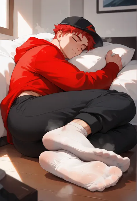 LiaqN, Red haired man, Handsome, Wearing a red hoodie cap black skinny pants Smelly and Sweaty Socks, He's trying to make me sniff his stinky socks.Steam coming out of my feet.Sleeping