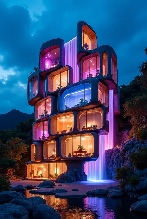 Samples of eccentric building facades that refer to the Waterfall, waterfall, water, etc. ( You can use a lot of imagination and creativity to design these buildings) material: Madeira, window glass. Priority: (Colored lights coming from the inside for tho...