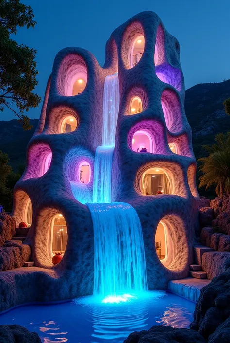 Samples of eccentric building facades that refer to the Waterfall, waterfall, water, etc. ( You can use a lot of imagination and creativity to design these buildings) material: Madeira, window glass. Priority: (Colored lights coming from the inside for tho...