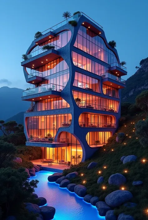 Samples of eccentric building facades that refer to the Waterfall, waterfall, water, etc. ( You can use a lot of imagination and creativity to design these buildings) material: Madeira, window glass. Priority: (Colored lights coming from the inside for tho...