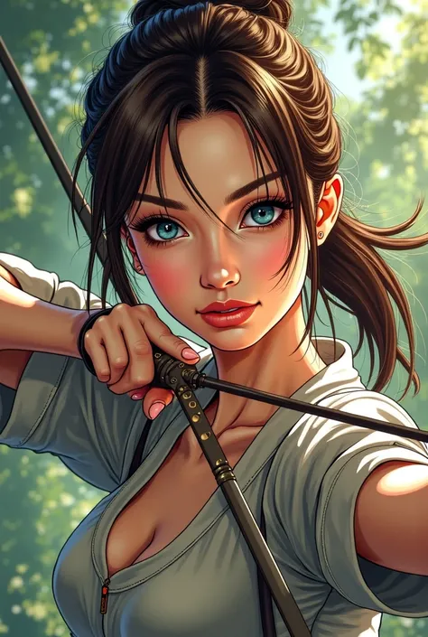  Draw me a beautiful woman manga ,  brown hair,  hair tied in a ponytail.  Frange sur le front. blue eyes . She does archery . With a bow with an arrow. 