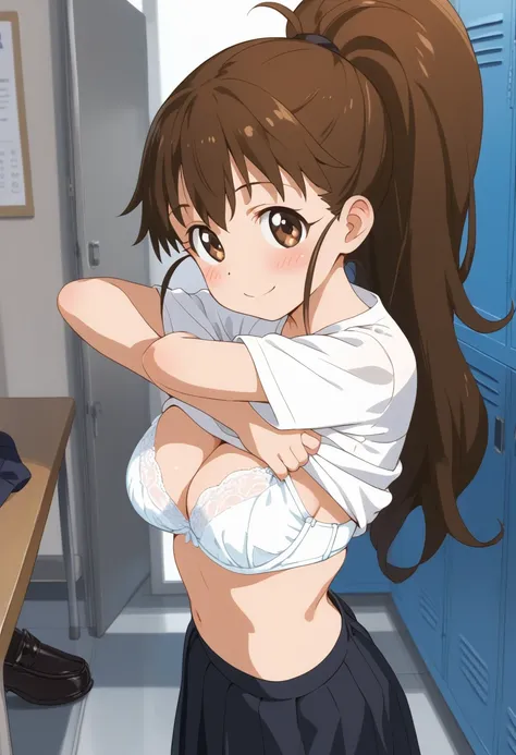 nsfw, looking away, (((half undress:1.5))), (((undressing:1.5))), loli, blush, solo, smile, popura-default, taneshima popura, brown eyes, brown hair, ponytail, long hair, white shirt, black skirt, black socks, black loafers, large breasts), standing, locke...