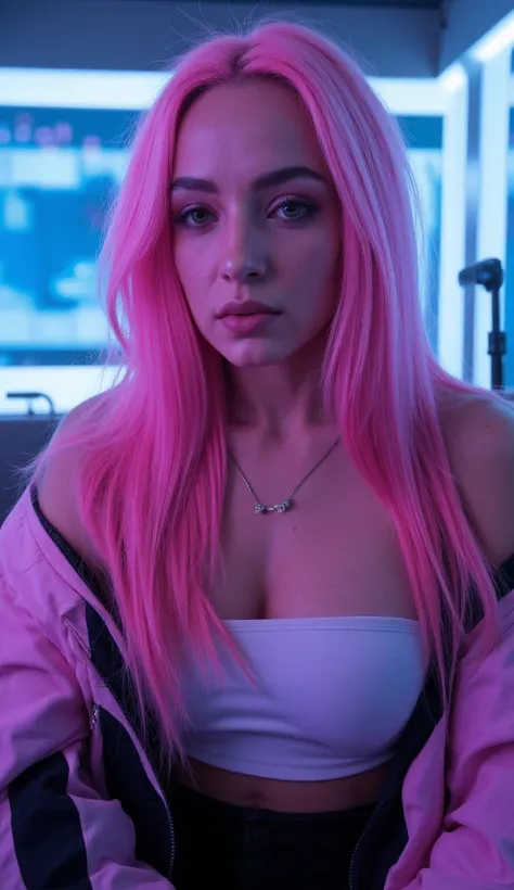 Uma jovem influenciadora digital de 25 anos com uma estética  cyberpunk-futurista misturada com um toque casual e acessível.  Mélie has long neon or pastel pink hair ,  smooth and well-groomed ,  with a subtle and modern glow .  His eyes are expressive and...