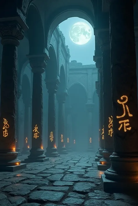 An ancient temple of shadows, with towering obsidian pillars wrapped in glowing divine runes, moonlight piercing through cracked ceilings, foggy atmosphere, dark fantasy realism, 8k resolution, cinematic composition