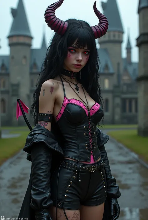 demon  beautiful  girl long wavy black hair and red  eyes wearing punk style outfit  ,black and pink  demon horns and tail , hogwarts