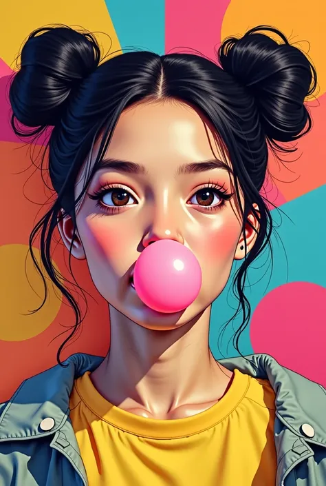 age woman with 2 buns on her head chewing gum and blowing up a bubble gum. Explosion of an inflated balloon.  Pop art style