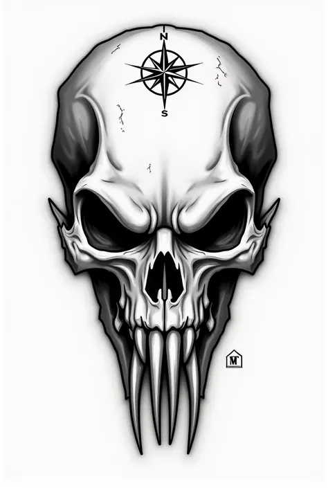 Skull with sharp canines and simple compass above the head as tattoo