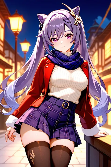 8k,masterpiece, best quality, ultra detailed, high resolution, super fine illustration,Keqing (Genshin impact), 1girl, solo, smile,purple eyes, purple hair, cone hair bun, double bun, braided bangs, long hair, medium breasts, winter fashion outfit, miniski...