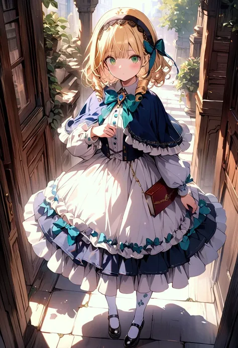 (masterpiece),(best quality),(ultra-detailed),(best illustration),(best shadow),(detailed background),1girl, blonde-hair, green-eyes, pantyhose, hairband, short-hair, frills, gem, dress, jewelry, brooch, solo, lolita-fashion, white-pantyhose, capelet, book...