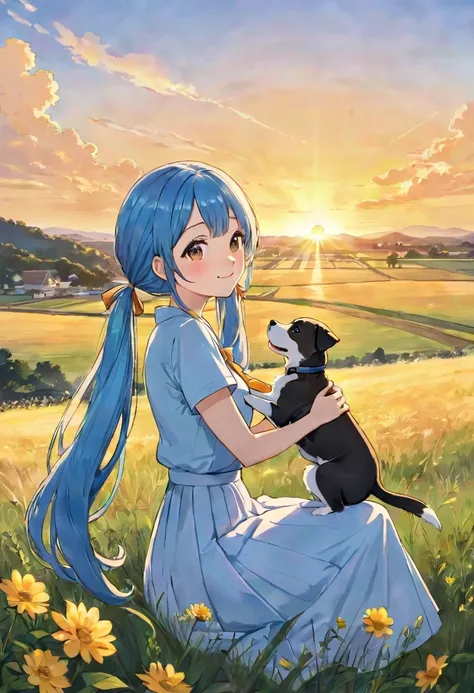 painting of a woman holding a dog in a field at sunset,  light blue long hair、 beautiful twin-tail girl、smile、in the sunset, at a beautiful sunset, watching the sunset, sunset illustration, with a sunset, with sunset, at the sunset,  Golden Hour , looking ...