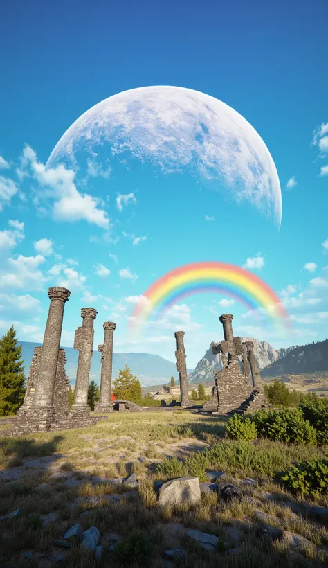 ((Astonishingly absurd )),( masterpiece:1.2),超high resolution,  attention to detail ,  high quality, alta resolución, 最 high quality, 4k, 8K、  very beautiful、landscape、landscape画、Infinite blue sky、A rainbow appears、There is a group of ruins、 Dandelion fluf...
