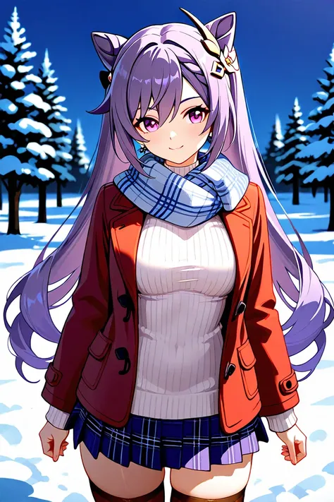 8k,masterpiece, best quality, ultra detailed, high resolution, super fine illustration,Keqing (Genshin impact), 1girl, solo, smile,purple eyes, purple hair, cone hair bun, double bun, braided bangs, long hair, medium breasts, winter fashion outfit, miniski...