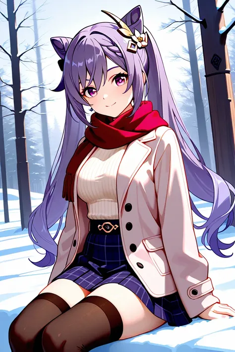 8k,masterpiece, best quality, ultra detailed, high resolution, super fine illustration,Keqing (Genshin impact), 1girl, solo, smile,purple eyes, purple hair, cone hair bun, double bun, braided bangs, long hair, medium breasts, winter fashion outfit, miniski...