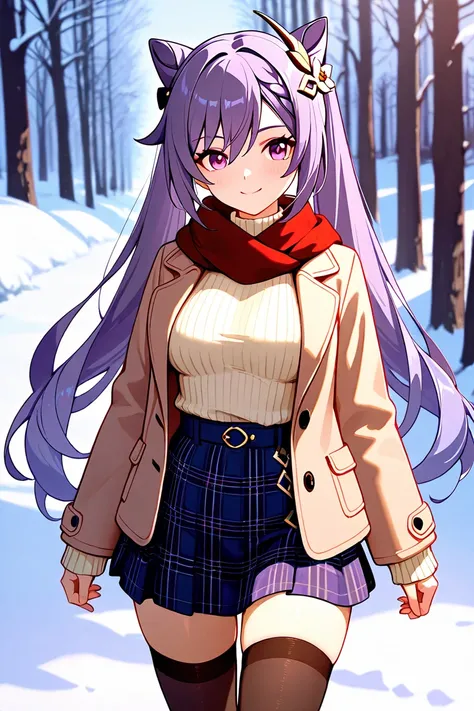 8k,masterpiece, best quality, ultra detailed, high resolution, super fine illustration,Keqing (Genshin impact), 1girl, solo, smile,purple eyes, purple hair, cone hair bun, double bun, braided bangs, long hair, medium breasts, winter fashion outfit, miniski...