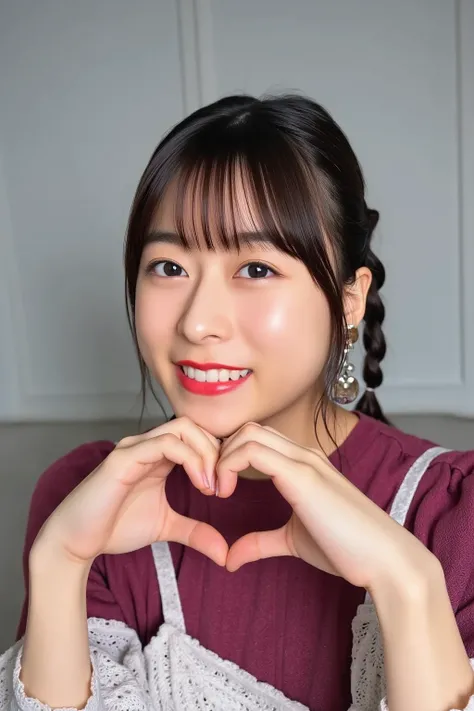  Super Fine、Picture of her face 、 and she has a smile showing her teeth,  I'm wearing a camisole ,  I'm posing with my hands crossed in the shape of a heart in front of my chest、The background is plain 、   high definition、細部にわたって  high definition