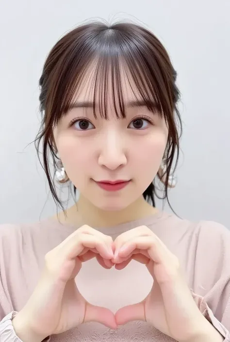  Super Fine、Picture of her face 、 and she has a smile showing her teeth,  I'm wearing a camisole ,  I'm posing with my hands crossed in the shape of a heart in front of my chest、The background is plain 、   high definition、細部にわたって  high definition