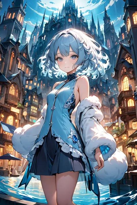  1 woman、 light blue short hair loose fluffy perm stupid hair、Background city of water、 super high resolution、A rich contrast、 very high quality、8k、 Extremely Delicate CG Unit、wallpaper