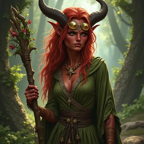 Das Model trägt Sonnenbrillen mit Sternen und demThe portrait would depict a full-body view of a female tiefling druid character. Her skin would be a striking dark red color, complemented by fiery red hair. Two horns would protrude from her forehead, a cha...