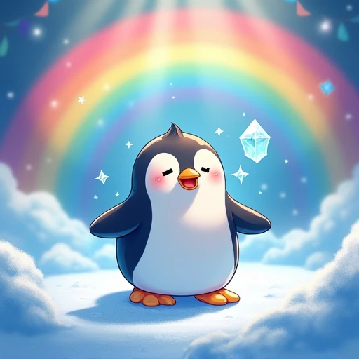  smile, Alone, rainbow background ,  Ice Magic,penguin, anime style