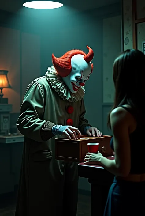  demonic clown with a box in a dark room with a woman,  concept art by Arthur Pan ,  Winner of the Artstation contest, fantastic art, detailed 4k horror artwork , fantasy horror art, horror fantastic art, cents theme,   dark photorealistic concept art  , g...