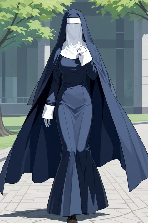 Solo, 1girl, tall women, cape on shoulders, nun outfits, long skirt, faceless, veil face /(Veil covered face)\, sleeves past wrists, sleeves past fingers, white gloves, dark blue long cape, cloak, overly long sleeves, wide open loose sleeves, walking, park