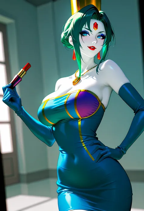  score_9, score_8_ up the side, score_7_ up the side, masterpiece,  high resolution,  glittering clothes ,  1 girl, Heavy makeup, ,  green hair, white skin , Red gem on forehead, 、I'm applying foundation, Red lipstick,  eyeshadow, ,  blue eyes, Blue Bodyco...