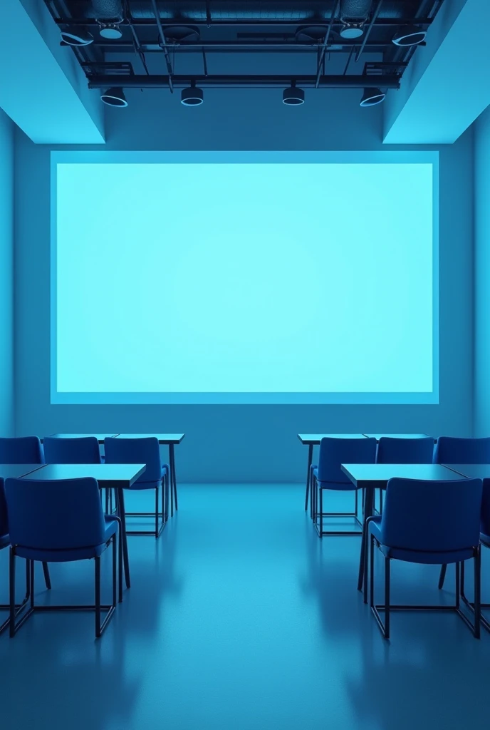 A meeting room with blue chairs, with three white walls and a blue wall where is the curtain of projections with