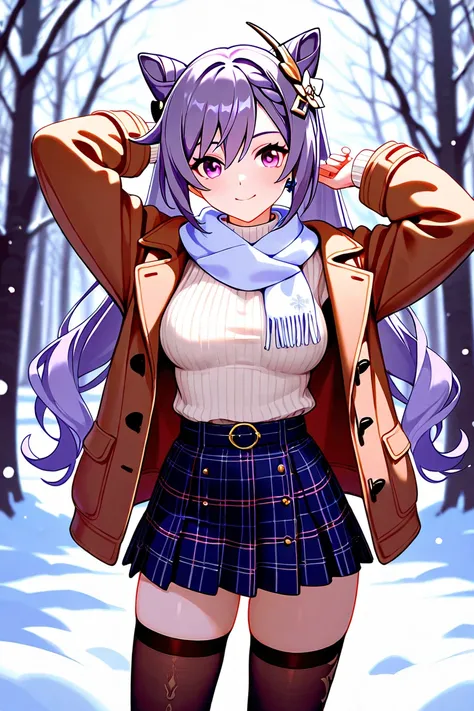 8k,masterpiece, best quality, ultra detailed, high resolution, super fine illustration,Keqing (Genshin impact), 1girl, solo, smile,purple eyes, purple hair, cone hair bun, double bun, braided bangs, long hair, medium breasts, winter fashion outfit, miniski...