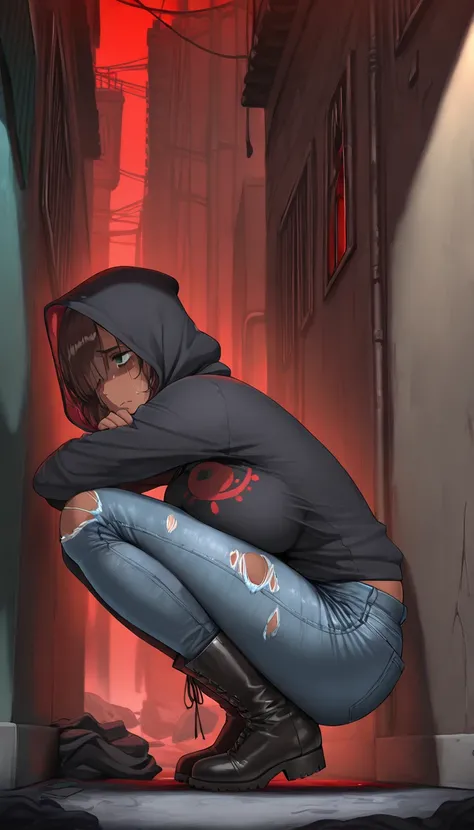 ((masterpiece)), ((best quality)), (detailed), 1girl, ((mature woman)), side view, emo haircut, brown hair, green eyes, insomnia bags under eyes, stained hoodie, torn jeans, heavy boots, ((dark skinned female)), BREAK, dark alley, bloody red sky, crouching...