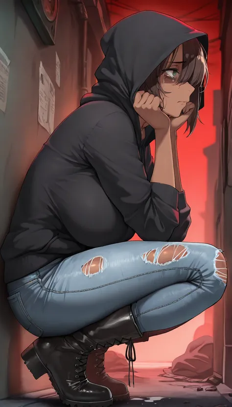 ((masterpiece)), ((best quality)), (detailed), 1girl, ((mature woman)), side view, emo haircut, brown hair, green eyes, insomnia bags under eyes, stained hoodie, torn jeans, heavy boots, ((dark skinned female)), BREAK, dark alley, bloody red sky, crouching...