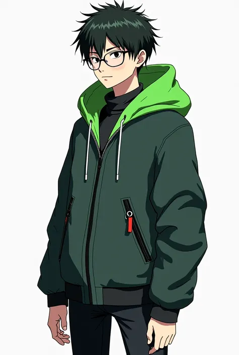 Style for a modern jacket for grade 11 that is unique and with a green hood and modern styles