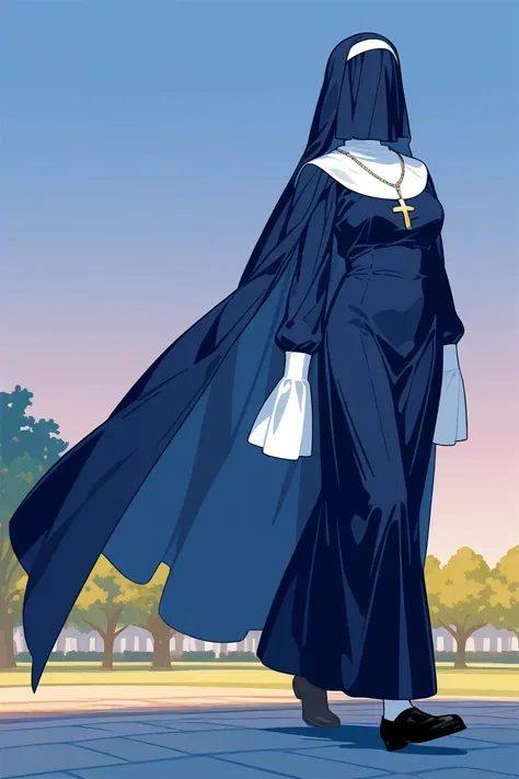 Solo, 1girl, tall women, cape on shoulders, nun outfits, long skirt, faceless, veil face /(Veil covered face)\, sleeves past wrists, sleeves past fingers, white gloves, dark blue long cape, cloak, overly long sleeves, wide open loose sleeves, walking, park