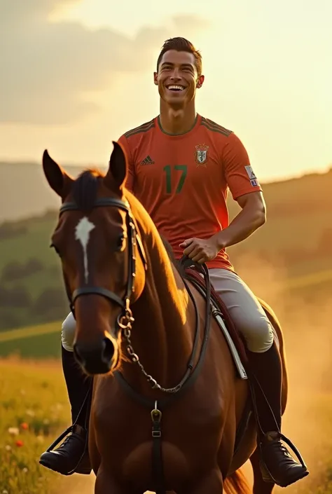 Cristiano Ronaldo riding a horse and smiling while riding 