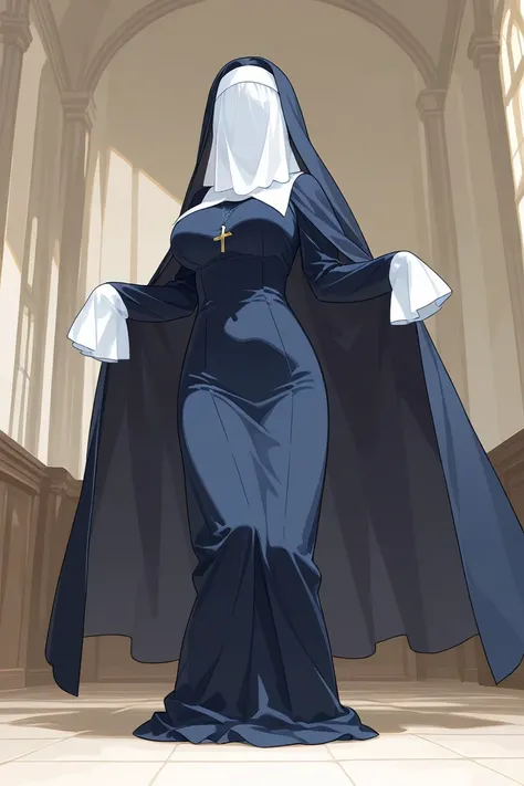 Solo, 1girl, tall women, cape on shoulders, nun outfits, long skirt, faceless, breasts, veil face /(Veil covered face)\, sleeves past wrists, sleeves past fingers, white gloves, dark blue long cape, cloak, overly long sleeves, wide open loose sleeves, room...