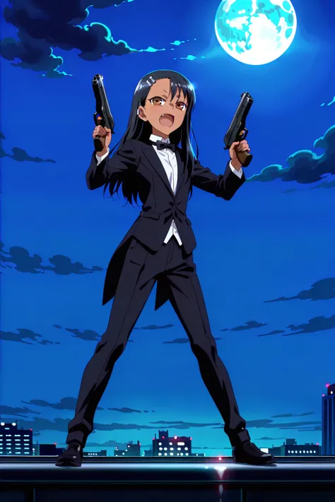 source_anime, score_9, score_8_up, score_7_up, anime screencap, absurdres, high quality,
(nagatoro hayase, brown eyes, dark-skinned female, tan, black hair, hairclip, earclip, hair ornament, long hair, black tuxedo),, anime coloring, 1girl, solo, looking a...