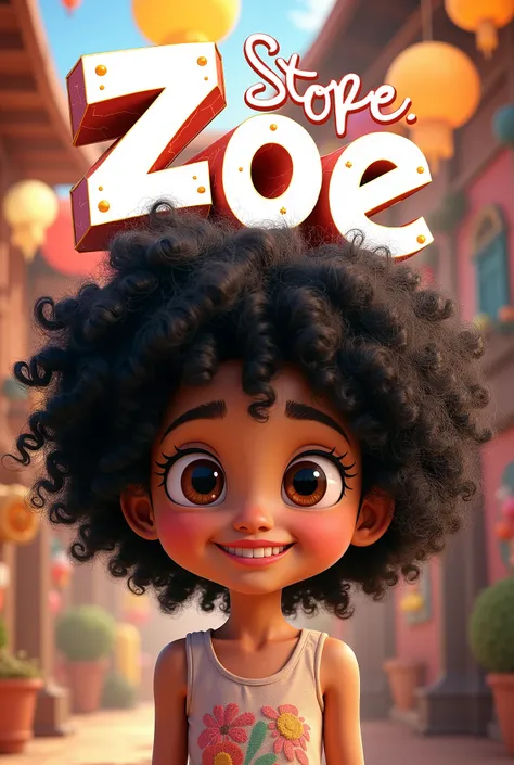 Pixar-like poster of a white girl with black and frizzy hair with the title of "Zoe Store " 