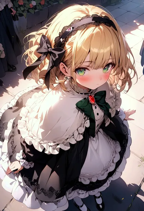 (masterpiece),(best quality),(ultra-detailed),(best illustration),(best shadow),(detailed background),1girl, blonde-hair, green-eyes, pantyhose, hairband, short-hair, frills, gem, dress, jewelry, brooch, solo, lolita-fashion, white-pantyhose, capelet, stan...