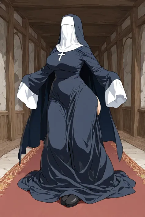 Solo, 1girl, tall women, cape on shoulders, nun outfits, long skirt, faceless, breasts, veil face /(Veil covered face)\, sleeves past wrists, sleeves past fingers, dark blue long cape, cloak, overly long sleeves, wide open loose sleeves, room, butt kickers