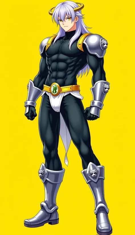 anime art,  Attractive man, 25-year-old looking, two meters, with detailed muscles, wearing a dark full body suit that leaves only the head uncovered,  his muscles are marked by his costume, long gray hair,  yellow-eyed,  with two bangs on both sides, silv...