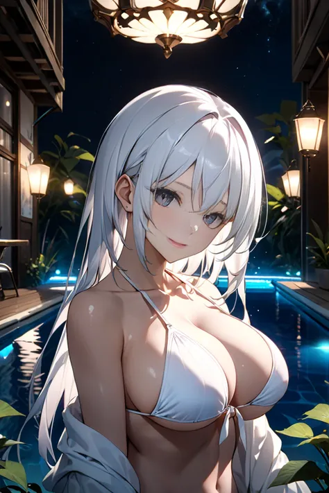  1 woman、 big breasts、 night pool、 pure white bikini 、 super high resolution、A rich contrast、 very high quality、8k、 Extremely Delicate CG Unit、wallpaper