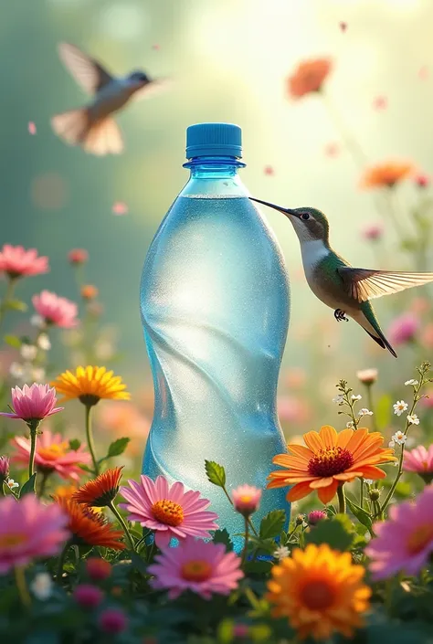 Plastic water bottle surrounded by flowers and a hummingbird