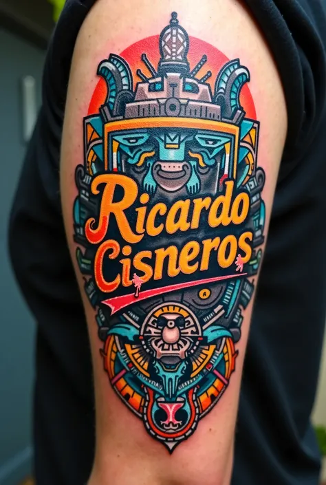  A tattoo that is unique and reflects my Mexican nationality, my name Ricardo Cisneros ,  my taste for motorcycles ,  my taste for one-piece anime and Mayan and Aztec culture 
