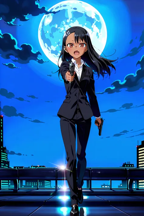 source_anime, score_9, score_8_up, score_7_up, anime screencap, absurdres, high quality,
(nagatoro hayase, brown eyes, dark-skinned female, tan, black hair, hairclip, earclip, hair ornament, long hair, black tuxedo),, anime coloring, 1girl, solo, looking a...