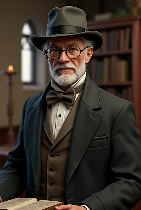 A man with glasses in a white-haired hat in a bow-tie suit who lived in the Middle Ages