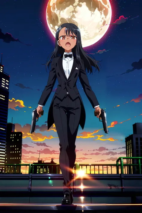 source_anime, score_9, score_8_up, score_7_up, anime screencap, absurdres, high quality,
(nagatoro hayase, brown eyes, dark-skinned female, tan, black hair, hairclip, earclip, hair ornament, long hair, black tuxedo),, anime coloring, 1girl, solo, looking a...
