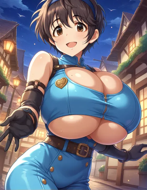  1girl ,oikawa shizuku,idolmaster cinderella girls,black hair,brown hair,brown eyes,very short hair,large breasts,
blue hairband,black gloves,bangs,blue bodysuit,night,posing,dynamic angle,, score_9,score_8_up ,score_7_up ,score_6_up ,score_5_up ,score_4_u...