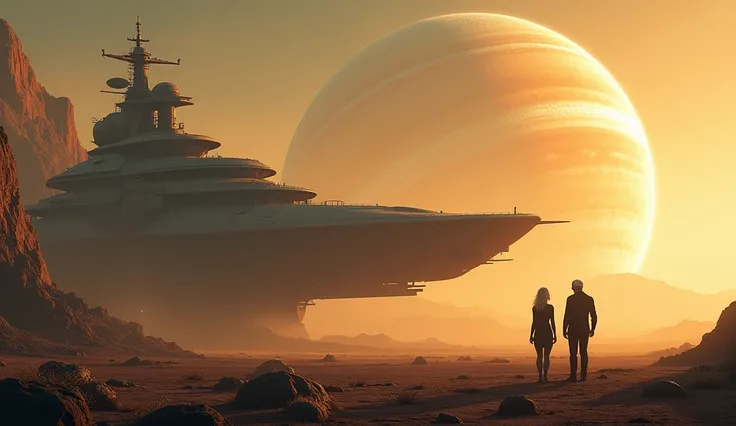  make a landscape of a ship under the runway of a distant planet .  in the sky of this planet we see Saturn in all its glory and majesty occupying the heavens.  the silhouette of a tall man with white hair and a shorter woman also with white hair,  with he...