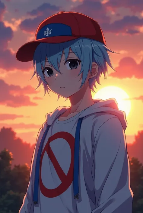 Adult anime boy with light blue hair and wearing a red and blue cap ,  with a prohibition symbol on his white shirt and with a white jacket and dark black lenses, watching the sunset  