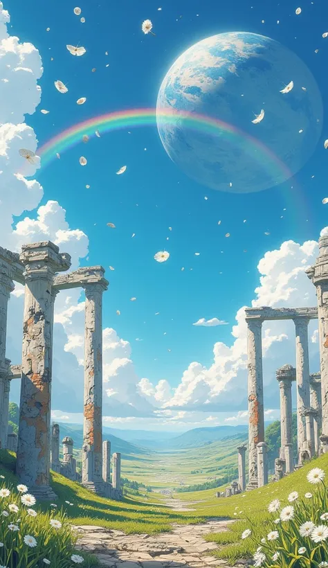 ((Astonishingly absurd )),( masterpiece:1.2),超high resolution,  attention to detail ,  high quality, alta resolución, 最 high quality, 4k, 8K、  very beautiful、landscape、landscape画、Infinite blue sky、A rainbow appears、There is a group of ruins、 Dandelion fluf...