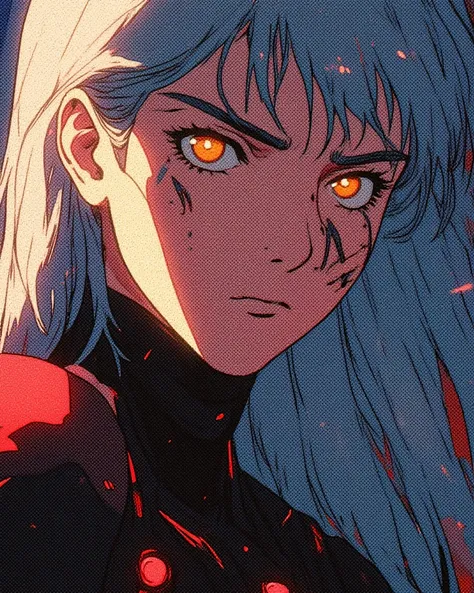 Ultra-detailed anime portrait, fierce female warrior, intense golden eyes, long flowing silver hair, wearing a high-tech battle suit with glowing neon accents, battle scars on her cheek, subtle sweat, dramatic cinematic lighting, soft glow on skin, intrica...